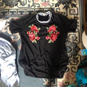 Black see through shirt with rose patches